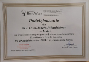 Podziękowanie za współpracę przy organizacji warsztatów językowych „Euroweek – Szkoła Liderów”