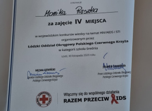 Sukces Moniki w Wojewódzkim konkursie wiedzy na temat HIV/AIDS i STI