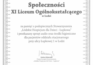 Podziękowanie dla społeczności XI LO od "Łódzkiego Hospicjum dla Dzieci"